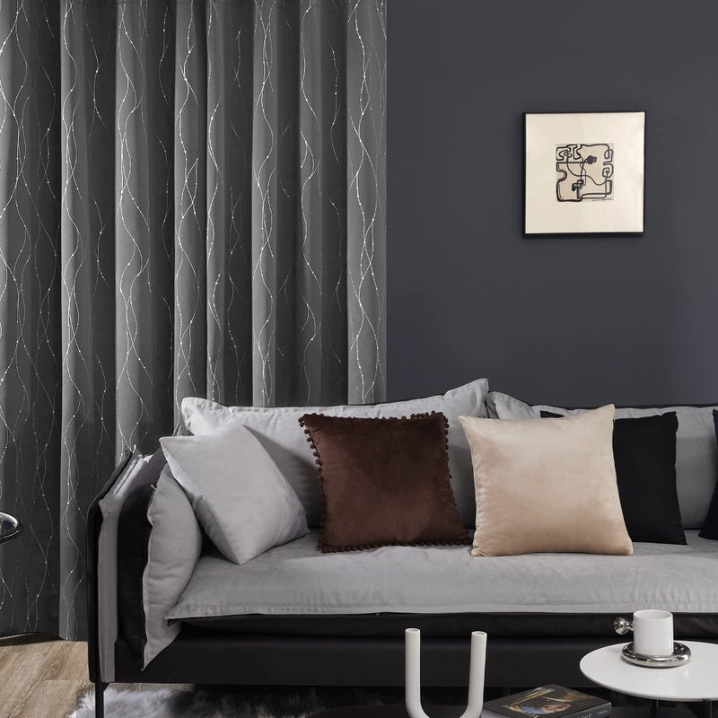 Deconovo Blackout Curtains, Light Grey Thermal Grommet Drapes, Silver Wave Dots Foil Print, Thermal Window Panels, 42" W x 95" L, 2 Panels, for Bedroom Living Room Patio Door - Image 3